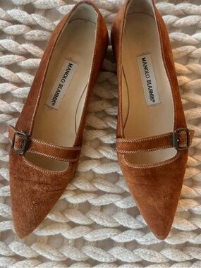 Manolo Blahnik Rust Suede Pointed Mary Jane Flats